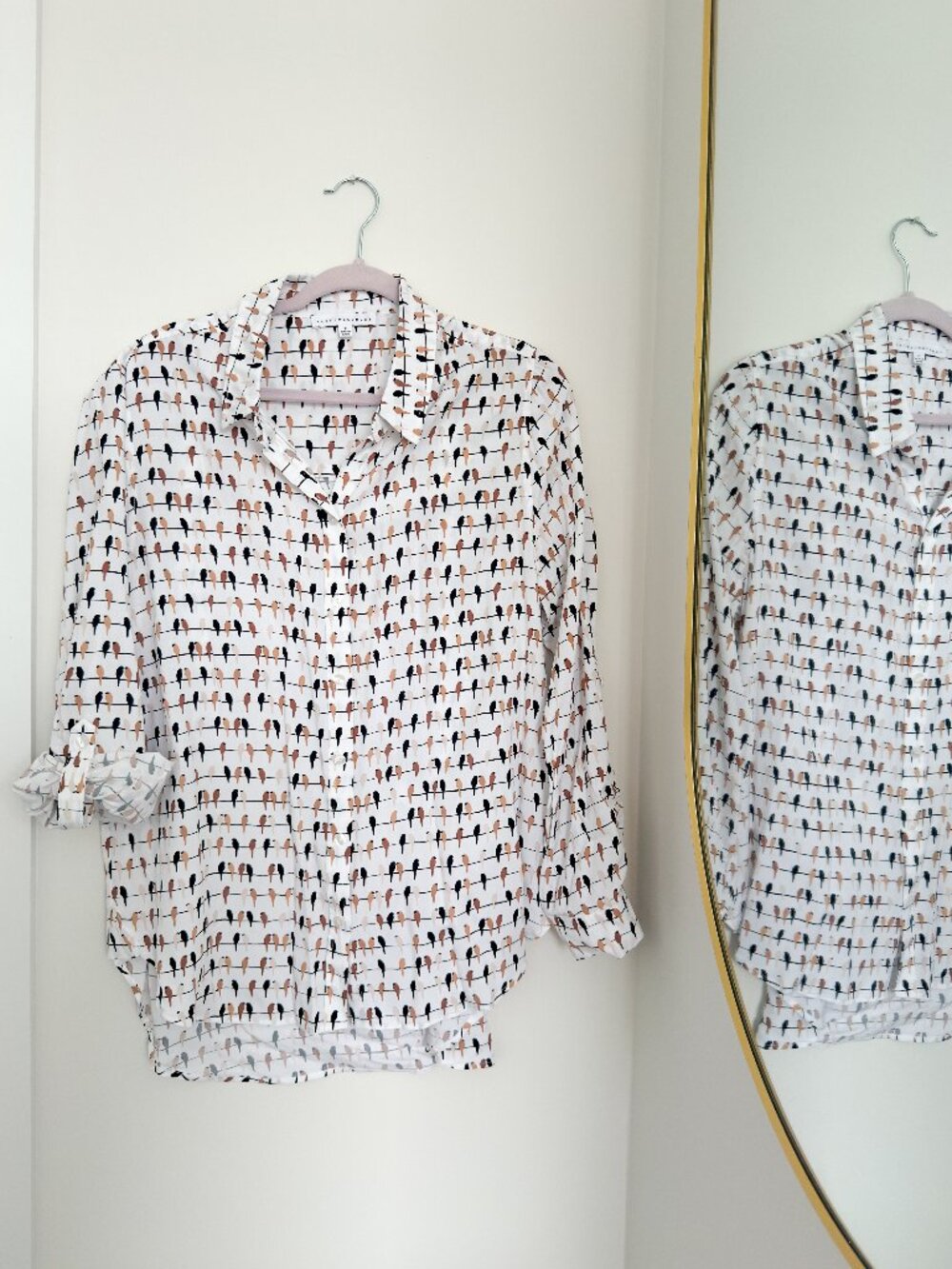 JANE and DELANCEY - Bird Button Up Shirt - White and Brown - XL